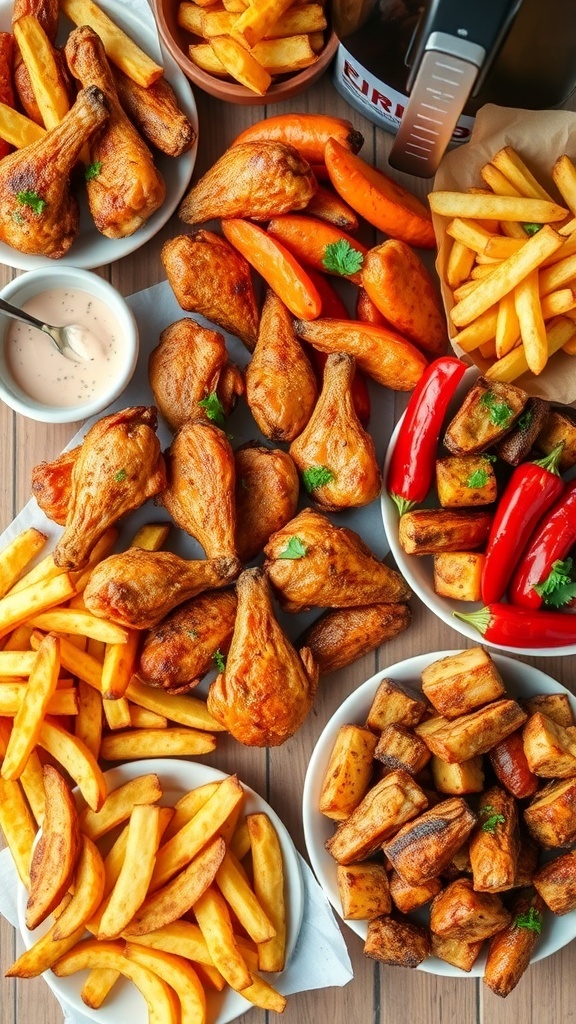 Quick and Easy Oven Air Fryer Meals A selection of oven air fryer meals including chicken wings, fries, and roasted vegetables on a wooden table.